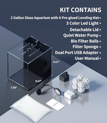2 Gallon Glass Fish Tank Kit with Hidden Filtration Light Lid Rimless | Black Background, Dry-wet Separation Filtration, Self-cleaning, Ultra-quiet, Adjustable Water Flow, for Betta Shrimp Guppy