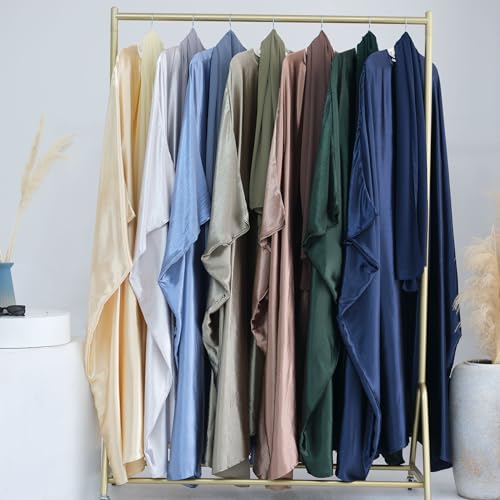Abaya Muslim Dress Women Satin Prayer Dress Batwing Long Sleeve Middle East Arabian Robe with Hijab - color: Light Blue, size: Size 1