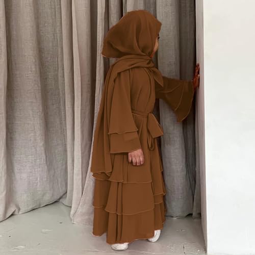 Kids Abayas Dress for Girls Muslim Dress with Hijab Chiffon Layered Islam Kaftan Robe Open Front Cardigan Prayer Dress - color: Coffee, size: 5-6 Years