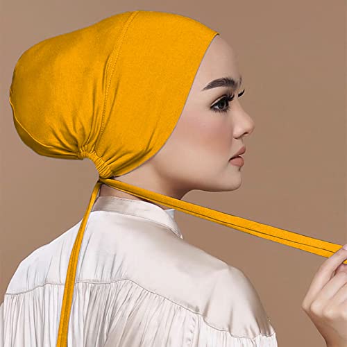 Chiffon Hijab with Undercap Fashion Solid Color Chiffon Head Wraps Under Scarf Caps Muslim Fashion Bandage - color: Yellow