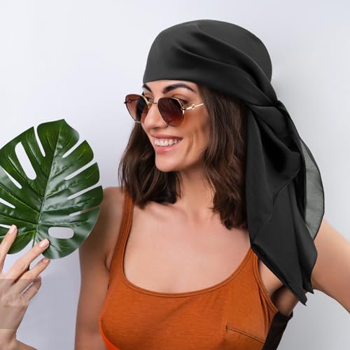 100% Mulberry Silk Scarf-Printed or Solid Color 35” Square Large Silk Hair Head Wrap Scarf With Gift Box Package - color: Black