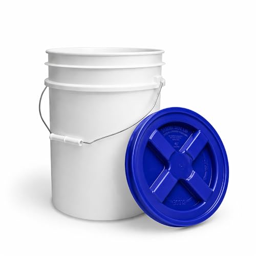5 Gallon Bucket - Food Grade w/Lid BPA-Free, White/Blue, 6 | Airtight Gamma Seal Screw-On Lid, Heavy-Duty 90 Mil HDPE Plastic, Food Safe and Durable Container, Bulk Storage, Made in USA - color: White/Blue, size: 6 Packs