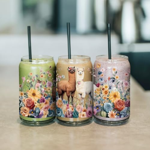 arricraft 10 Pcs Colorful Alpaca Theme Cup Printing UV Transfer Papers, 10 Styles Heart Fresh Flowers Sunglasses UV DTF Cup Wrap Stickers for 16 OZ Glass Cups Crafts 9.5x4.3inch - style: Colorful Alpaca Theme