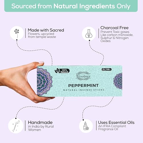 Peppermint Incense Sticks 100 gm Pack, Charcoal Free - 100% Natural,Organic Non Toxic Insence Sticks, Inscents Made with Flowers, Meditation Gifts for Spiritual Cleansing, Relaxation - color: Pepperment