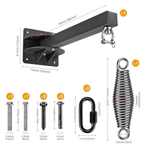SELEWARE Wall Mount Heavy Bag Hanger Heavy Duty Punching Bag Hanger | 500LB Capacity Adjustable 360° Swivel Heavy Bag Bracket for Home Gym Indoor Outdoor Boxing, Muay Thai and MMA Training - size: A: 18" length (with spring)
