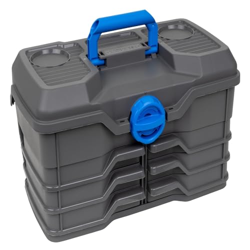 Flambeau Outdoors NextGen 6/0 Tackle Box, 6 Trays, 25-Piece Kit, Dark Gray | 6 pivoting swing trays, 32 compartments plus top bulk storage. Includes a 25-piece tackle kit, 15.5 x 9.3 x 8.6in