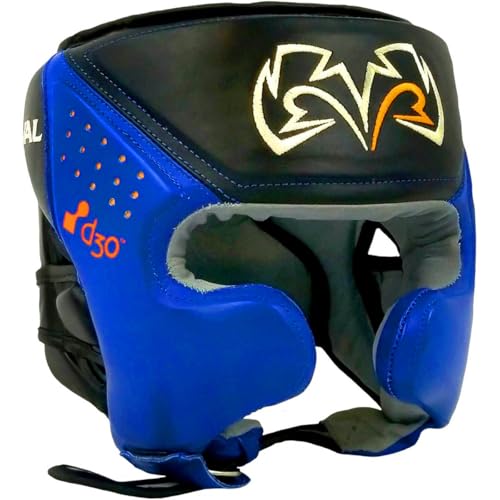 RIVAL Boxing RHG10 Intelli-Shock Headgear, D3O Front and Side Padding, Hook and Loop Back Adjustment with Lace on Top, and Anatomical Rear Head Pad Every Time - color: Black/Blue, size: Small