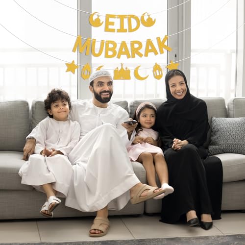 Eid Mubarak Banner - Ramadan Mubarak Decor, Happy Eid Sign, Islamic Festiva Party Decorations Gold Glitter