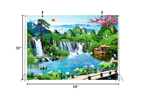 BELECO 5x3ft Fabric Mountain Lake Wonderland Backdrop for Photography Waterfalls Backdrop Mountain Pavilion Bridge Lotus Crane Spring Flowers Asian Landscape Painting Nature Backgroud Photo Props - size: 5x3FT