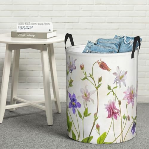 Aquilegia Columbine Summer Flowers Still Life Graphic Flower Pastel Round Waterproof Oxford Cloth Laundry Basket Multi-Purpose Storage Basket Toys Books Clothes Storage Basket - color: Black 6