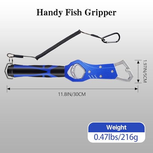 Eupheng 11.8'' Heavy-Duty Fish Gripper with Scale Rustproof Aluminum Body, Non-Slip Rubber Handle, Built-in Weight Estimator & Wrist Lanyard - color: Blue