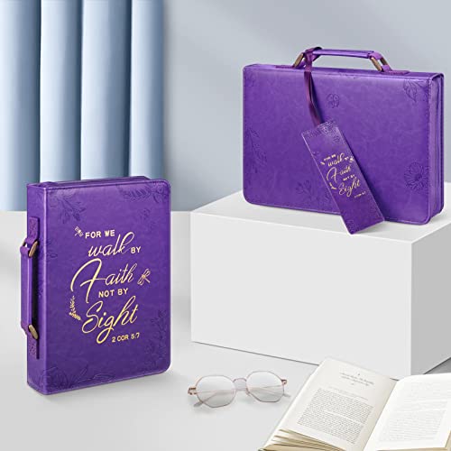 FINPAC Large Classic Bible Cover Vegan Leather Carrying Book Case Church Bag Bible Protective with Handle, Gift for Women, Mother, Friends, Purple - color: Deep Purple