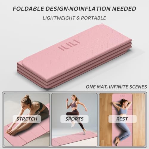 ILILI Foldable Yoga Mat 71 * 24 * 0.3 Inch | Lightweight TPE Non Slip Exercise Mat, Waterproof Portable Fitness Mat for Home Gym, Pilates, Stretching & Daily Workouts - color: Light Pink