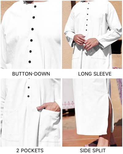 YAOHUOLE Kaftan for Men Long Sleeve Muslim Men Thobe Kaftan Thobe with Pockets - color: White, size: XX-Large
