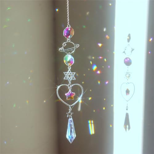 CREATCABIN Crystal Suncatcher Crystal Pendant Rearview Mirror Car Decor Wind Chimes Rainbow David Star Heart Planet Charm Hanging Pendant Ornaments Accessories for Window Balcony Home Garden - style: David Star