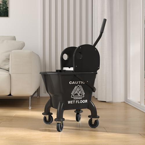 HOMCOM Mop Bucket with Wringer on Wheels, 27.5 Quart, with Mop, Black | Down Press Wringer, Handle and Mop, Floor Cleaning - color: Black, size: 27.5 Quart
