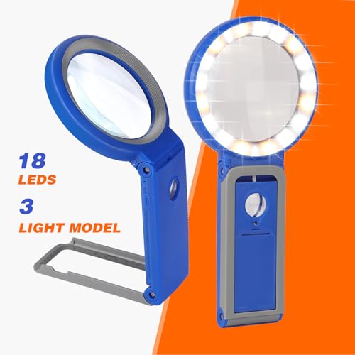 Magnifying Glass with Light and Stand, Foldable Handheld Magnifying Glass 18 LED Illuminated Lighted Magnifier for Macular Degeneration, Seniors Reading, Close Work, Coins, Jewelry Blue - color: Blue