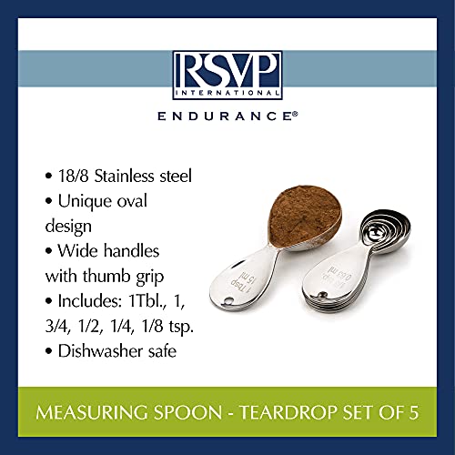 RSVP International Endurance Kitchen Collection Measuring Tools, Dishwasher Safe, Teardrop, 5 Piece, Stainless Steel
