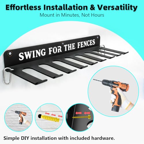 Baseball Softball Bat Holder Storage Rack Organizer Hanger Hook Home Field Hanging Fence Holds 14 Bats Wall Mount Equipment Sports Carabiners Included Metal - style: SWING
