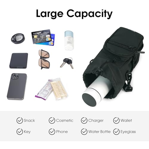 sportsnew 40oz Insulated Crossbody Water Bottle Bag Gym Hiking Phone Pocket | Water-resistant Lining, Padded Strap, Top Handle, Drawstring, Phone Pocket, Elastic Slots, Built-In Key Clip for Gym Walking - color: Black