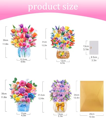 4 Pack 3D Pop Up Flower Bouquet Cards β Rose, Tulip, Lily, Motherβs Day Designs, Colorful Stand-Up Floral Centerpieces for Birthday, Anniversary, Thank You, Get Well, Includes Envelopes & Blank Notes - style: Floral Flour