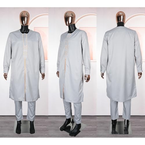 HD African Clothing Long Kaftan Clothes Sets Embroidery Dashiki Outfit for Man - color: Grey10398, size: X-Large