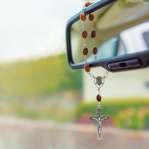 Car Rosary from The Holy Land of Bethlehem - 7” Sacred Heart of Jesus Rosary with Crucifix & Sacred Heart Medal, Olive Wood Catholic Pocket Rosary with Wooden Rosary Beads & Lobster Clasp - color: Sacred Heart of Jesus - Metal