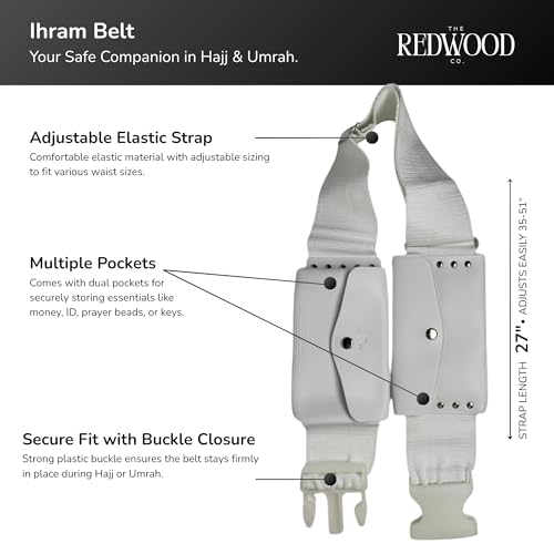 Umrah Essentials Kit for Men – Pack of 8 | Cotton Ihram 110x220 cm, Adjustable Ihram Belt, Foldable Prayer Mat, Miswak, Safety Pins, Digital Tasbeeh, Prayer Cap, Drawstring Bag for Hajj & Umrah