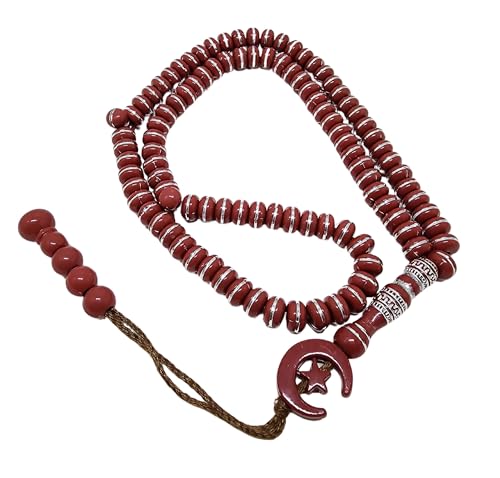Islam Tasbih 99 비즈 AMN-464 무슬림 기도 디크르 미바하 다채로운 묵주 달 별 장식 태슬 이드 라마단 선물 - color: 레드