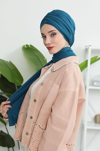Aisha's Design Instant Hijab Scarves for Women, 95% Cotton Pretied Bonnet Turban Easy to Wear Cotton Headscarf - color: Petrol Blue