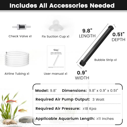 hygger Weighted Nano Mist Bubble Wall Bar, 9.8" Self-Sinking ABS Air Stone Strip with Gentle Oxygen Diffuser for Freshwater & Marine Aquarium, Hydroponics - size: 9.8 Inch