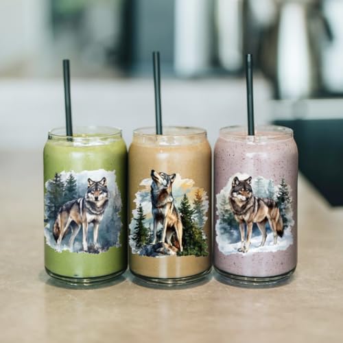 arricraft 10 Pcs Colorful Wolf Small Pattern Cup Printing UV Transfer Papers, 10 Styles Forests Lawns Snowy Mountains UV DTF Cup Wrap Stickers for 16 OZ Glass Cups Crafts 9.5x4.3inch - style: Colorful Wolf Theme