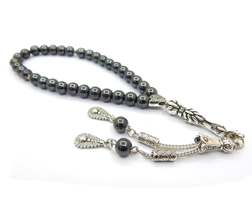 Perlin Muslim Prayer Beads 33 Bead Black Hematite Tasbih – Islamic Misbaha Subha Dhikr Beads with 8 mm Hematite Gemstone Beads and 925 Sterling Silver Imam, Ottoman Style Prayer Rosary, 26 cm