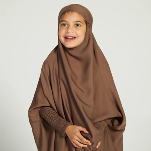 IWEMEK Kids Muslim Dress for Girls Hooded Abaya with Hijab Islamic Prayer Clothes Ramadan Full Cover Burka Jilbab Kaftan Robe - color: Coffee, size: 8-9 Years