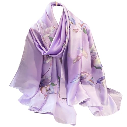 Womens 100% Large Mulberry Silk Scarf Long Satin Scarf Fashion Lightweight Wraps - color: Purple and Leaves