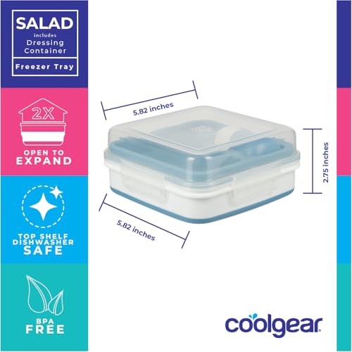 COOL GEAR 2-Pack Large Expandable To-Go Salad Kit Lunch Containers - Square - 52 oz Bowl with 3 Compartments for Toppings and Salad Dressing Bottle | Bento Meal Prep