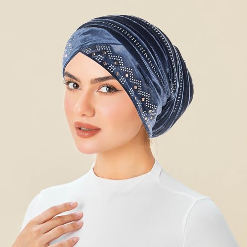 Rhinestone Hijab Turban Hats for Women Beanies Bandana Headwrap Cap Beanies Headwear Headscarf Undercap Turban Hat - color: Blue