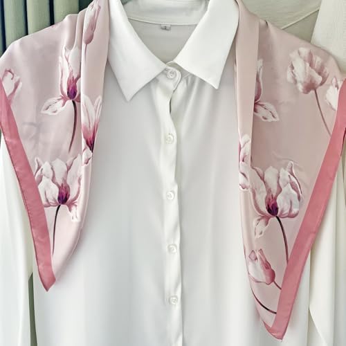 FONYVE Silk Feeling Scarf Medium Square Satin Head Scarf for Women 27.5 × 27.5 inches - color: 03 Pink Floral