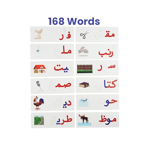Arabic Alphabet Matching Cards Advanced Level, 84x Double-Sided Illustrated Word Cards with 64x Wooden Arabic Letters (All Forms) - Learn 164 Words, Arabic Alphabet