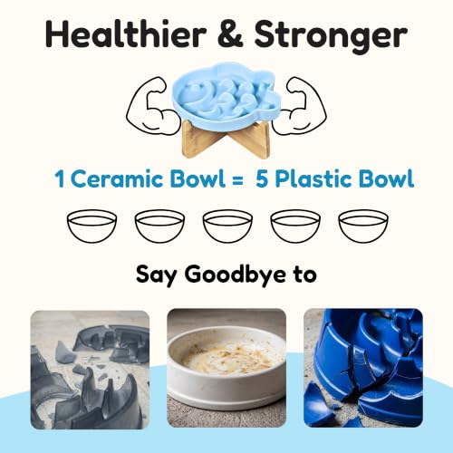 Elevated Slow Feeder Cat Bowl with Stand, 6.3''Ceramic Fish Maze Cat Food Bowl, Raised Whisker Friendly Wide Shallow Cat Dish for Wet & Dry Food, Non Slip Puzzle Feeder for Cats & Small Dogs (Blue) - color: Blue with Stand