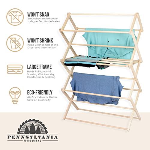 Pennsylvania Woodworks Clothes Drying Rack: Solid Maple Hard Wood Laundry Rack for Sweaters, Blouses, Lingerie & More, Durable Folding Drying Rack, Made in USA, No Assembly Needed, Large - color: Large