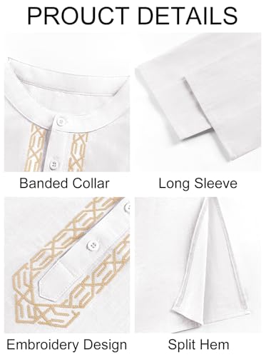 Runcati Mens Kaftan Thobe Button Down Casual Henley Shirts Long Sleeve Robe Cotton Linen Muslim Gown Shirt - color: White, size: X-Large
