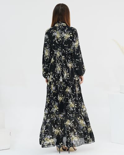 Breathable Modest Prayer Dresses Long Sleeve Layered Maxi Dress with Belt European Floral Print Women Muslim Abaya - color: Black Dress & Scarf, size: XL(58)