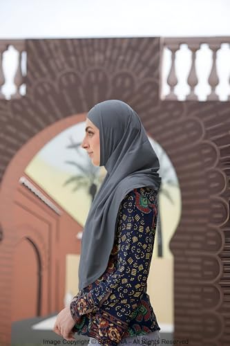 SARJANA Women's Solid Color Cotton Hijab with Under Scarf Cap Ready to Wear Stretch Scarves Long Scarfs FREE SIZE - color: Grey
