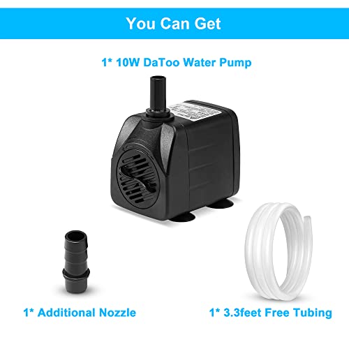 DaToo 160GPH 10W Submersible Water Pump Fountain Pump Ultra Quiet For Aquariums Fish Tank Pond Fountain Statuary Water Feature Hydroponics - size: 10W 160GPH (With 3.3ft Free Tubing)