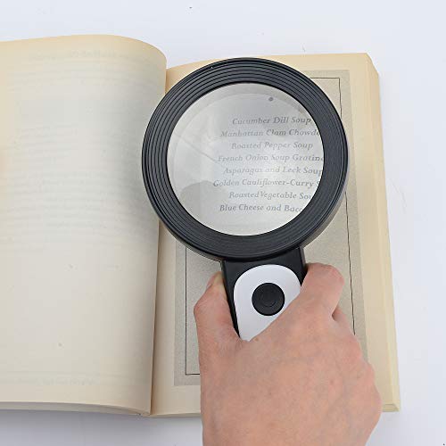 JMH Magnifying Glass with Light, Handheld Large Magnifying Glass 18LED Cold and Warm Light with 3 Modes, Illuminated Lighted Magnifier for Seniors Reading, Coins, Jewelry - color: Black