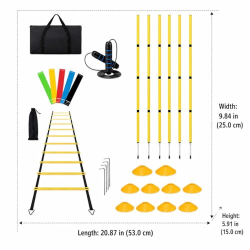 Exercise Sets for Women, 6-Piece Agility Ladder & 10 Cones, 5 Resistance Bands, Speed Rope, Ground Stakes, Carry