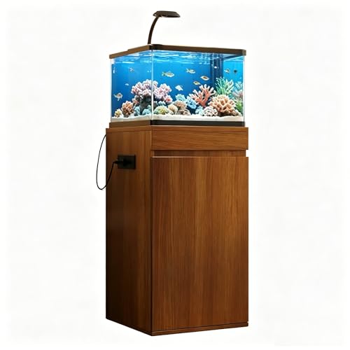 10-15 Gallon Aquarium Fish Tank Stand with Power Outlet, Small Terrarium Stand Cabinet with Adjustable Shelves, Storage Cabinet for Turtle Tank & Reptile Terrarium, 330LBS (Brown) - color: Brown