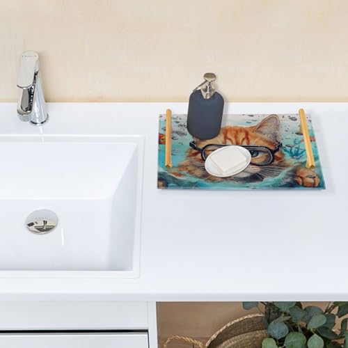 Cat Fish Vanity Tray,Bathroom Tray,Jewelry Storage Dresser Tray Kitchen Sink Toilet Tank Tray Organizer for Candle Plant Perfume Shampoo Towel Home Decor 7.87 * 11.81in 2011087