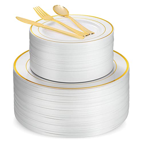 125 Piece Gold Dinnerware Party Set - 50 Gold Rim Plastic Plates, 25 Dinner 25 Dessert Plates, 25 Knives, 25 Forks, 25 Spoons - 25 Guest Disposable Set for Wedding Birthday Parties - color: Gold Rim